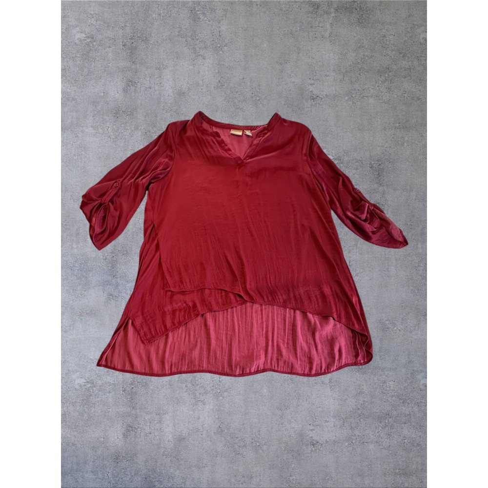 Chico's Tunic Women 2 Large Burgundy High-Low Roll-Tab Satin Blouse
